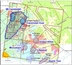 Fig 3. Mt Cannindah project Location of prospect areas and mineralised targets