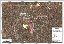 Figure 1. Mapped outcrop geology with rock-chip sample locations over Google Earth image