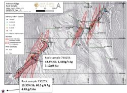 Figure 3a: Antimony results of rockchip sampling at Antimony Ridge