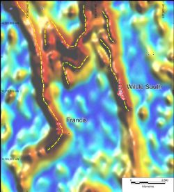 Figure 3. Interpreted graphite conductive bodies showing the limited extent of drill coverage.