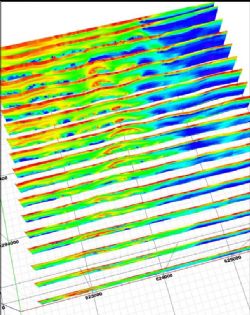 Figure 3. Stacked EM sections showing graphite horizon at Sugarloaf (NB dashed line indicates the crest of the anticlinal fold)