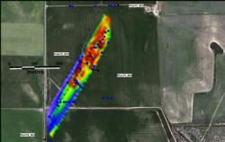 Figure 4. Cu anomalies on Sugarloaf Hill (from 2010 soils), blue markers indicate historic holes. Interpolation value ranges, Red>500ppm, Yellow >100ppm, Green <100ppm and Blue <50ppm.