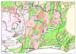 Figure 1 – Taruga Cote d’Ivoire Projects, showing concessions subject of JV or farm-in