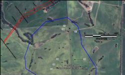 Figure 5: Areal extent of greisen (blue), tin values in ppm and Bartels Gold project (red)