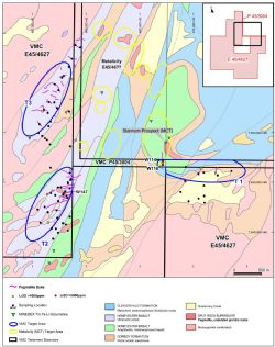 Figure 4 – Wodgina South sample locations, target areas and Venus tenement areas over regional geology (adapted from Hickman, 2012).