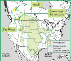 Fertoz’s North American project locations and proximity to Canadian agriculture areas