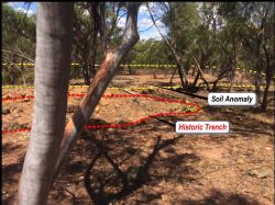 Historic trench in foreground, Republic Prospect soil anomaly is located south east of the workings.