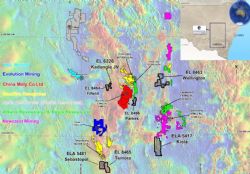 Location of Emmerson Resources NSW Projects (bold black outlines) plus major explorers and deposits within the Macquarie Arc (muted red colour=magnetic signature of the Macquarie Arc).