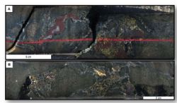 Core photos from recent drill hole KDD015. A) Chalcopyrite-pyrite disseminations associated with quartz-chlorite-hematite as breccia matrix (KDD015 - 127.6m). B) Quartz-chalcopyrite-pyrite-chlorite as breccia matrix (KDD015 130.7m).