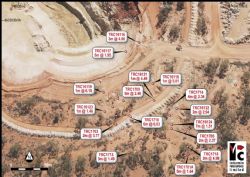 Teal South prospect 2016 and 2017 drill hole collar locations relative to a recent aerial photograph of the Teal pit with selected significant downhole intercepts.