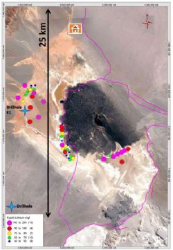 Location of near surface auger samples and the first drill hole at the Kachi project
