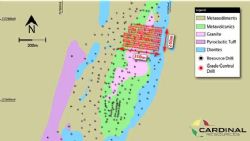 Plan View of Namdini deposit showing drill hole locations and interpreted geology