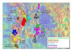 Location of Emmerson Resources NSW Projects (bold black outlines) plus major explorers and deposits within the Macquarie Arc