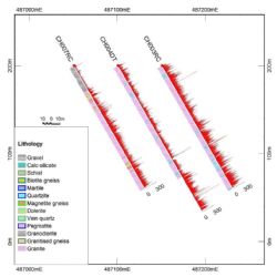 Cape Flat: Drill Hole Cross-Section 7445700N.
