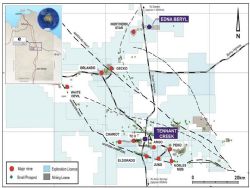 Location of Emmerson’s tenement package (light blue) and the Gecko-Goanna and Edna Beryl Project Areas