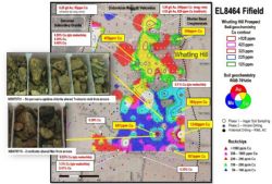 Geochemical aircore results from the Whatling Hill Project within the larger Fifield tenement.
