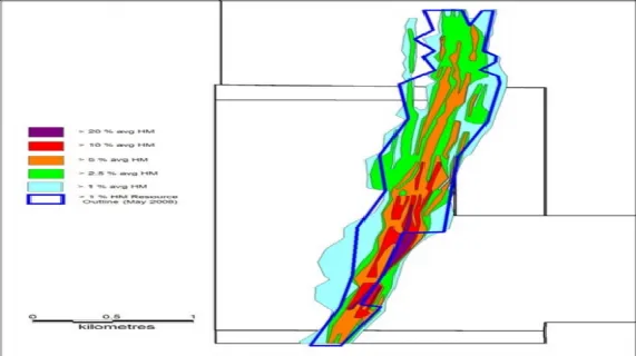 Atlas location map and current grade contours
with the May 2008 >1% HM cutoff resource