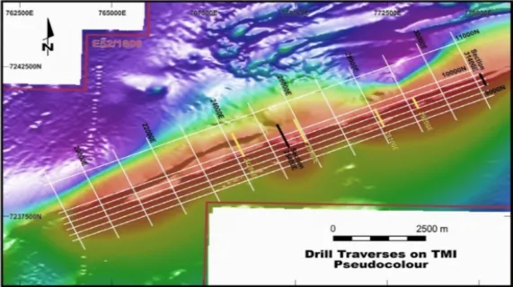 Location of drill hole traverses on detailed processed magnetics