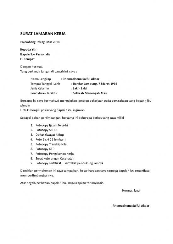 picture Surat Lamaran Kerja Doc 727 | Contoh Surat Lamaran Kerja 3