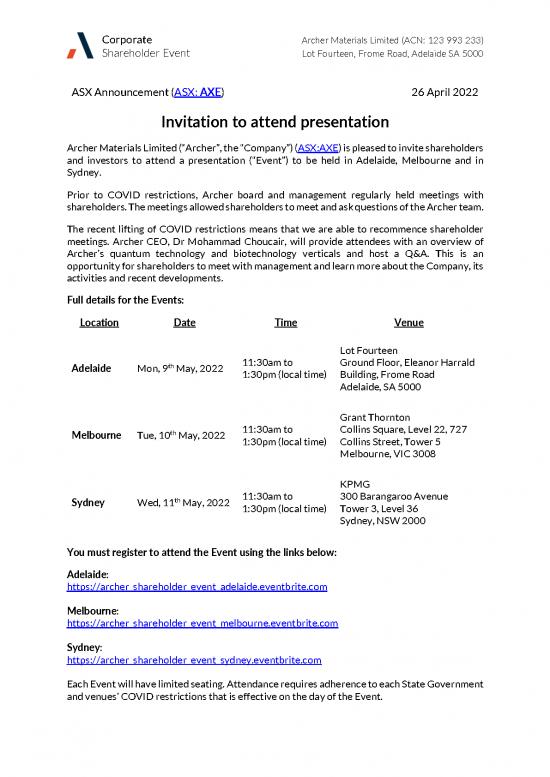 picture Corporate Slides Template 25995 | 20220426 Invitation To Attend Presentation Asx Release