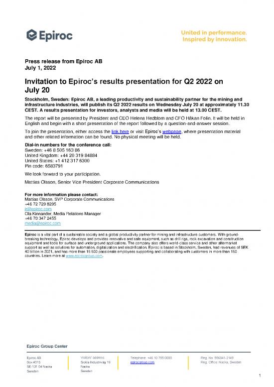 picture Report Pdf 26029 | 20220701 Invitation To Epiroc S Results Presentation For Q2 2022 On July 20