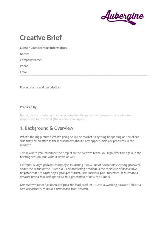 picture Creative Brief Template | Aubergine Creative Brief Template