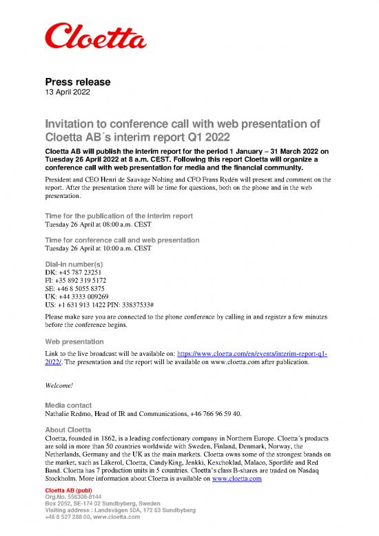 picture Financial Spreadsheet 26026 | Cloetta Invitation To Conference Call With Web Presentation Of Cloetta Abs Interim Report Q1 2022 220413