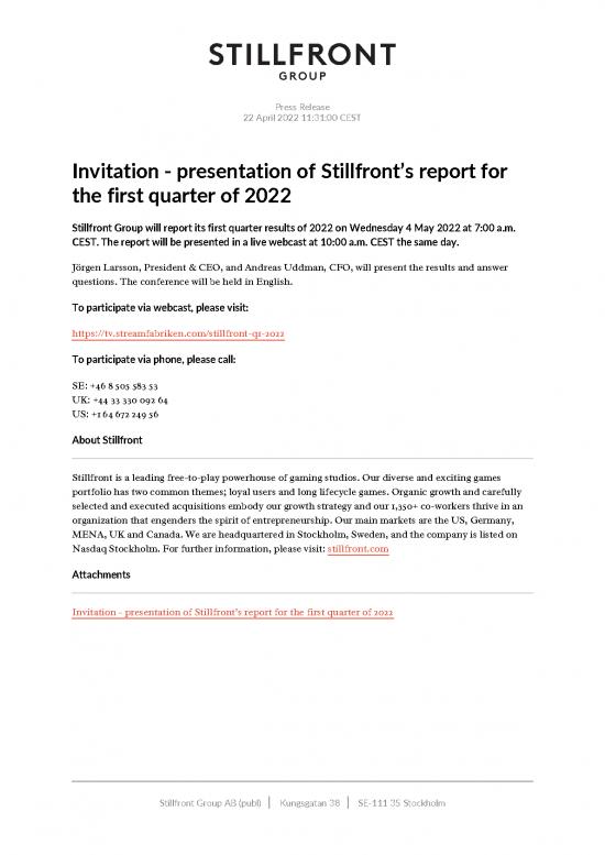picture Portfolio Spreadsheet 26040 | Stillfront Invitation Presentation Of Stillfronts Report For The First Quarter Of 2022 220422