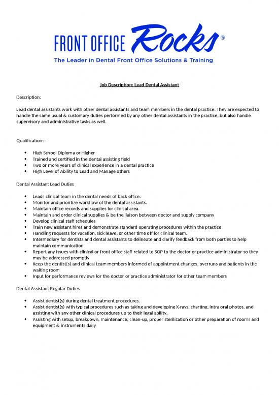 picture Dental Assistant Id 28329 | Job Description Lead Dental Assistant
