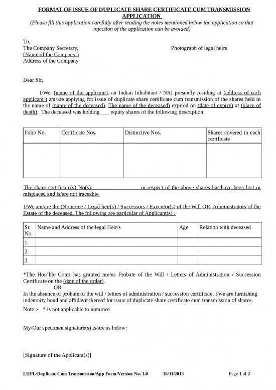 picture_Certificate Word Format 30122 | Application For Duplicate Share Certificate Cum Transmission