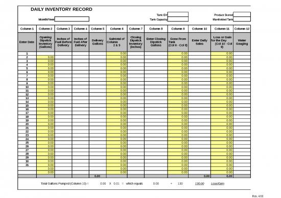 picture Excel Sheet Download 30923 | Daily Inventory Record