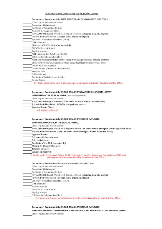 picture Excel Sheet Download 31043 | Documentary Requirements For Salary Claim Other Monetary Claims