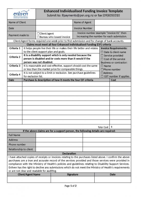 picture Business Spread Sheet 30569 | Enhanced Individualised Funding Invoice Template