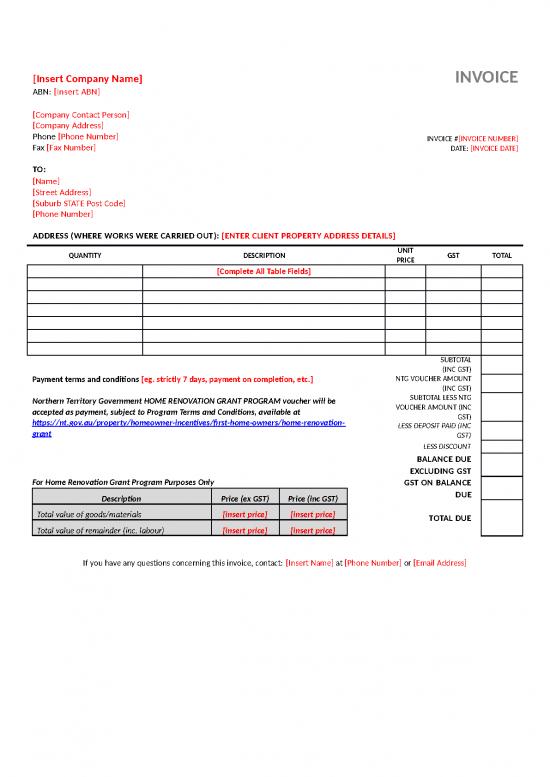 picture Voucher Word Format 30427 | Home Renovation Grant Invoice Template