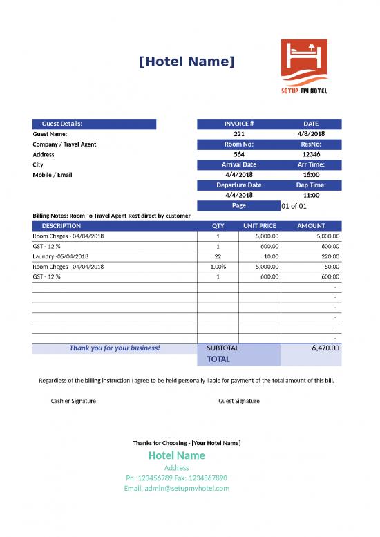 picture Billing Format In Excel Free Download 30920 | Hotel Invoice Sample 7