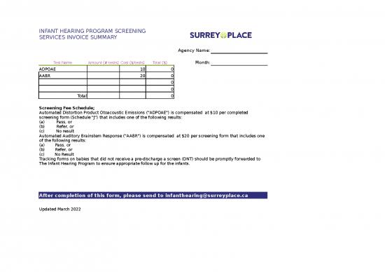 picture Cost Tracking Spreadsheet 33738 | Infant Hearing Screening Services Invoice Summary And Fee Schedule
