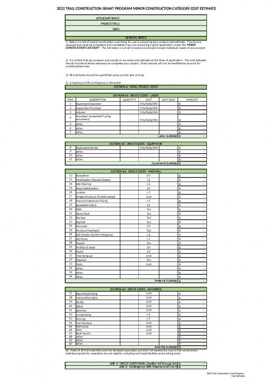 picture Construction Template Excel 40286 | 2022 Trail Construction Cost Estimate Form