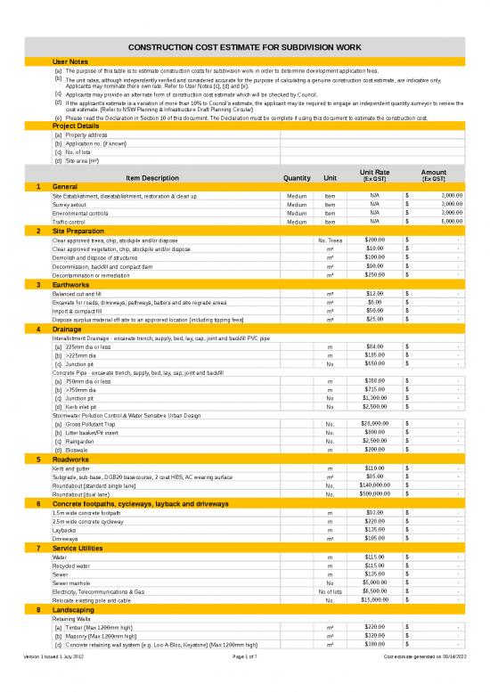 picture_Construction Template Excel 40340 | Construction Cost Estimator For Subdivision Work   Revision A Dated August 2012