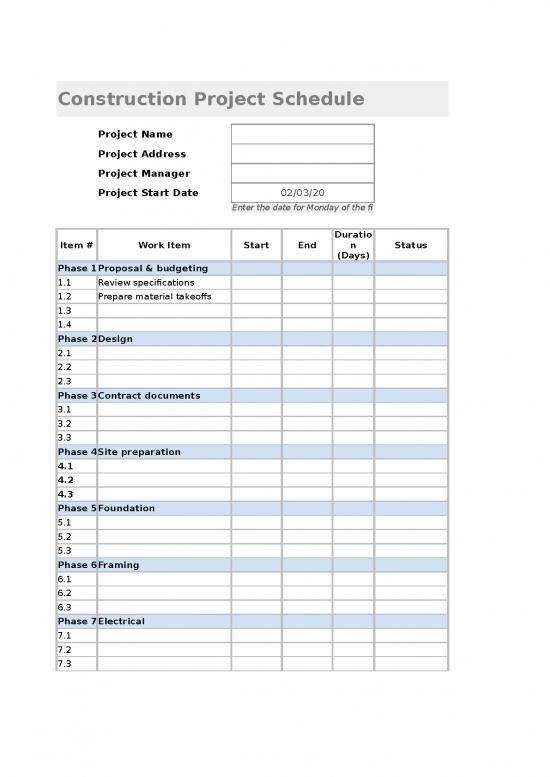 picture Construction Template Excel 40073 | General Construction Schedule Template