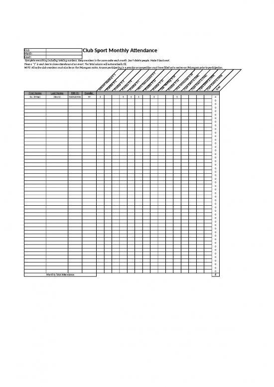 picture Excel Sample Sheet 41840 | Club Sports Monthly Attendance