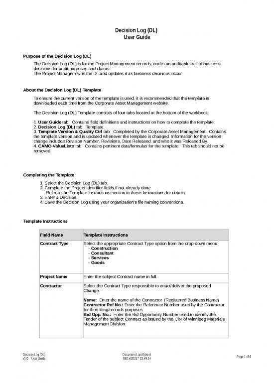 picture Excel Sample Sheet 41576 | Decision Log (dl) V0