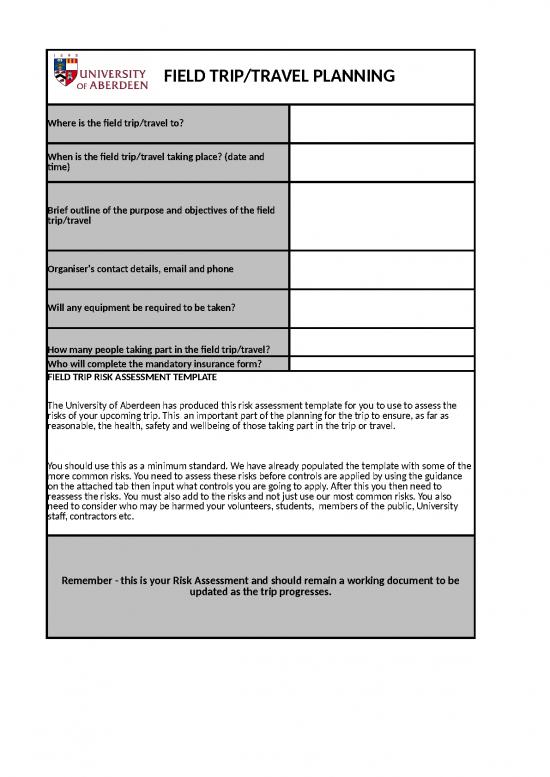 picture Excel Sample Sheet 41345 | Field Trip And Travel Risk Assessment  Template V2