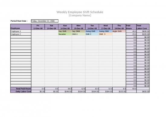 picture Cost Sheet Format In Excel 41605 | Free Download Weekly Employee Shift Schedule Template