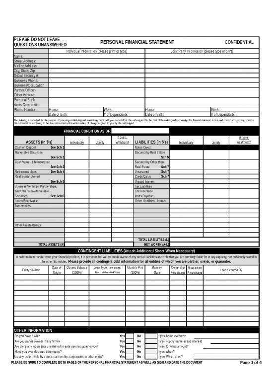 picture Financial Spreadsheet 40885 | Park National Bank Fillable Pfs