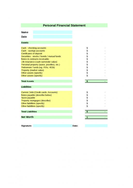 picture Personal Finance Spreadsheet 41028 | Regent Bank Personal Financial Statement