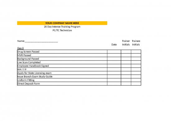 picture Excel Sample Sheet 41274 | Technician Training Program 20 Day New Hire