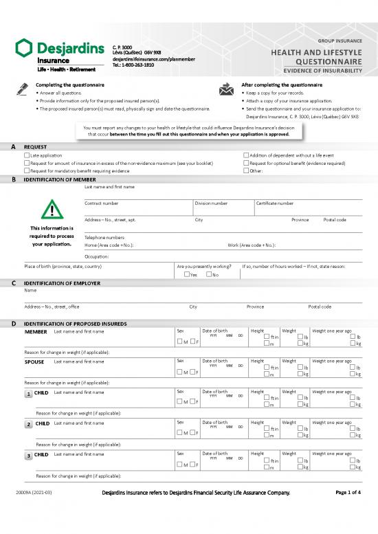 picture Health Insurance Questionnaire Pdf 44340 | Evidence Insurability 20009a