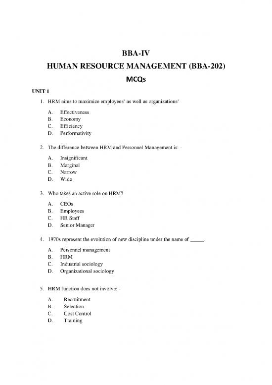 picture Human Resource Management Pdf 43870 | Hrm Mcqs Bba Iv