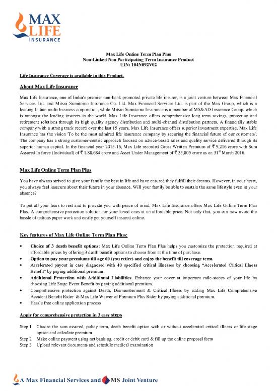 picture Insurance Pdf 43987 | Max Life Online Term Plan Plus Brochure