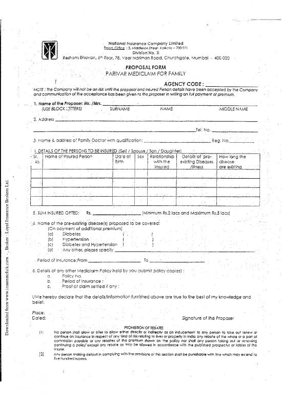 picture1_Insurance Pdf 43933 | National Insurance Parivar Mediclaim Insurance Proposal Form